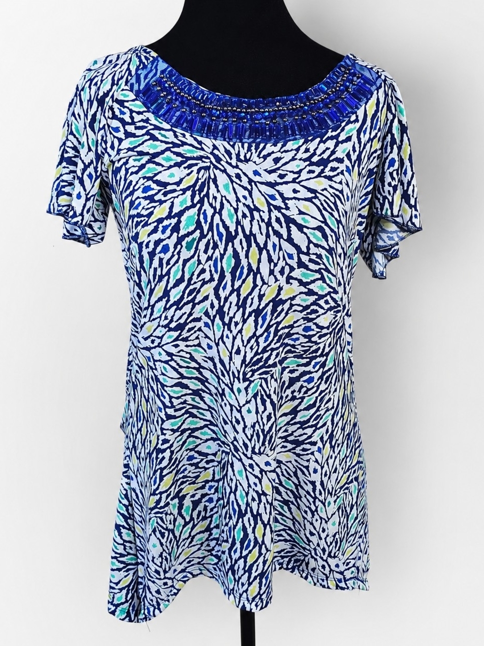 Ashley Blue Embellished Tunic Top Medium Blue Beaded Abstract Stretch